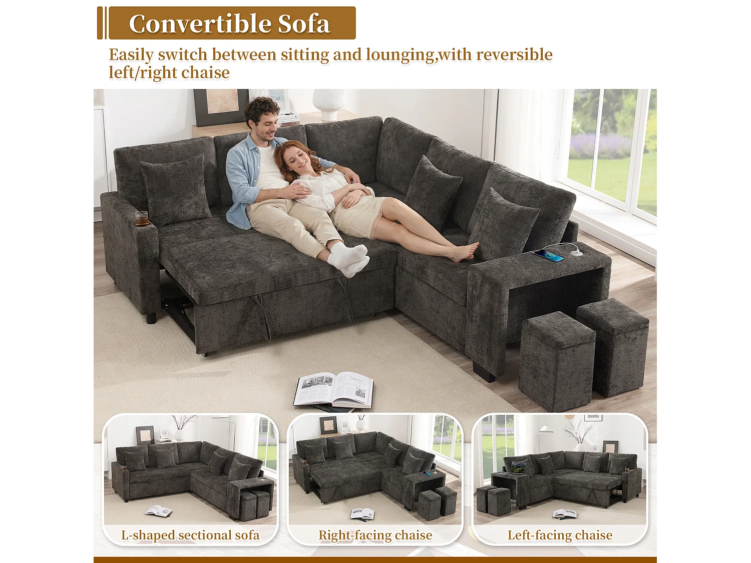 Canapé d’angle convertible 5 places en chenille gris foncé avec coffre, USB et méridienne réversible