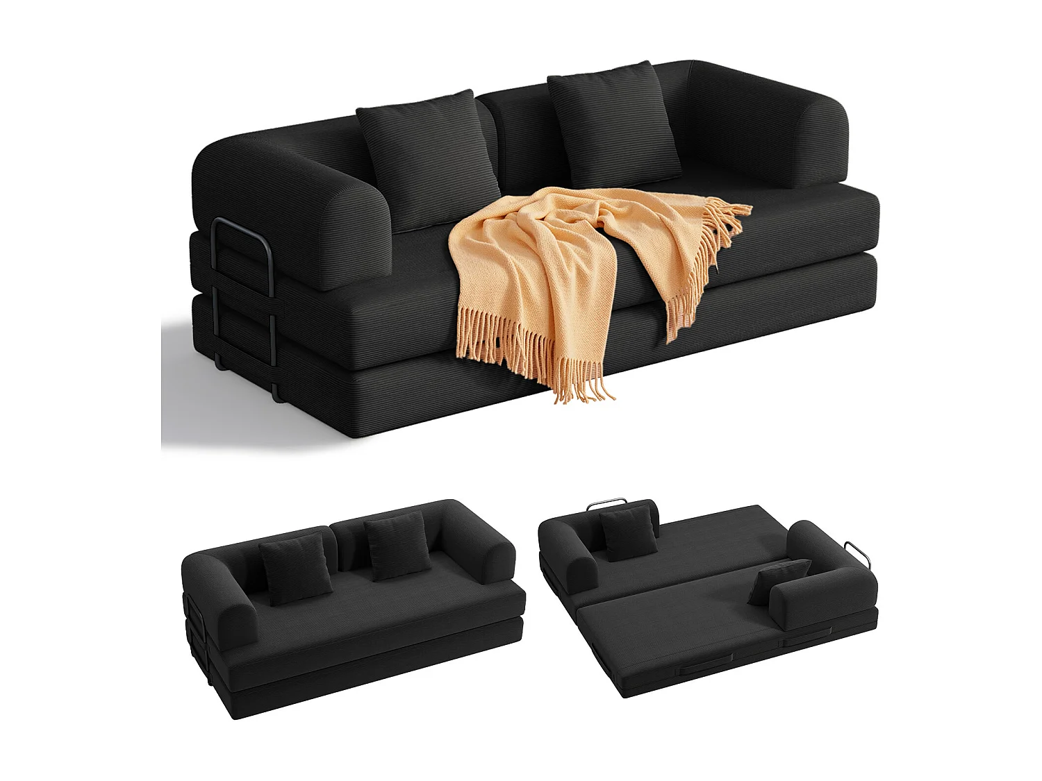 Canapé-lit modulable 3 places en velours côtelé noir,convertible sans montage,200 cm