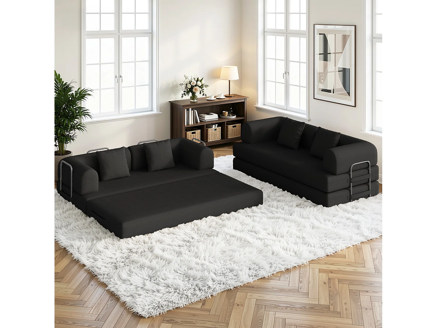 Canapé-lit modulable 3 places en velours côtelé noir,convertible sans montage,200 cm