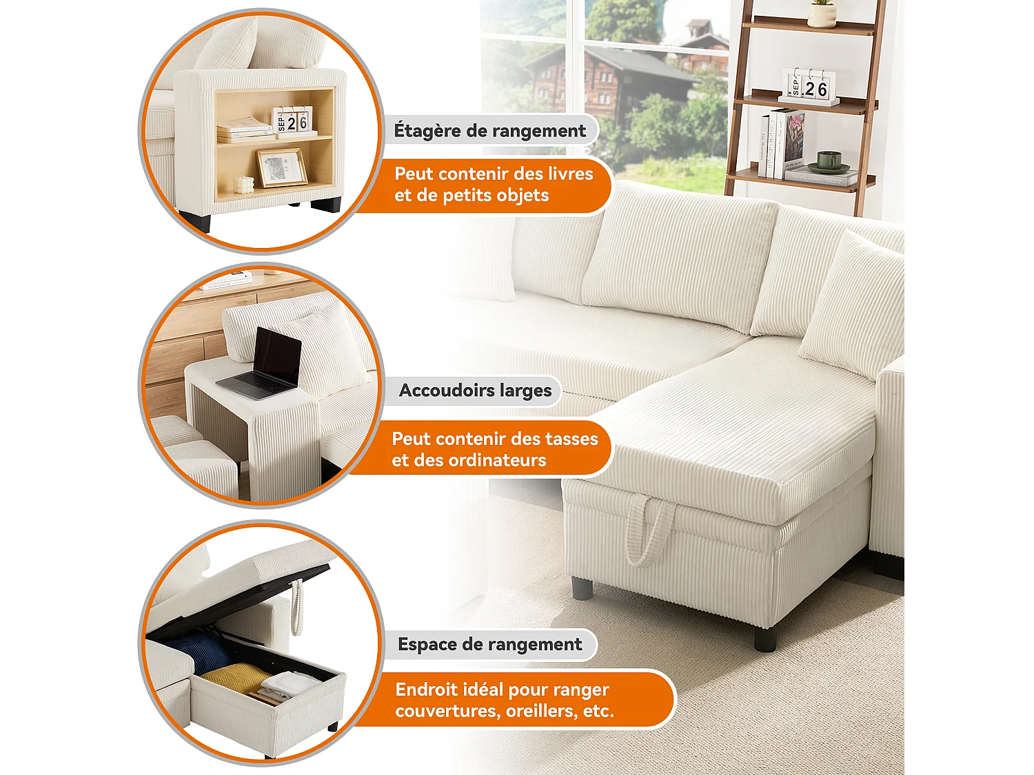 Canapé d’angle réversible convertible 3-4 places 231 cm en velours côtelé beige - coffre et USB/USB-C