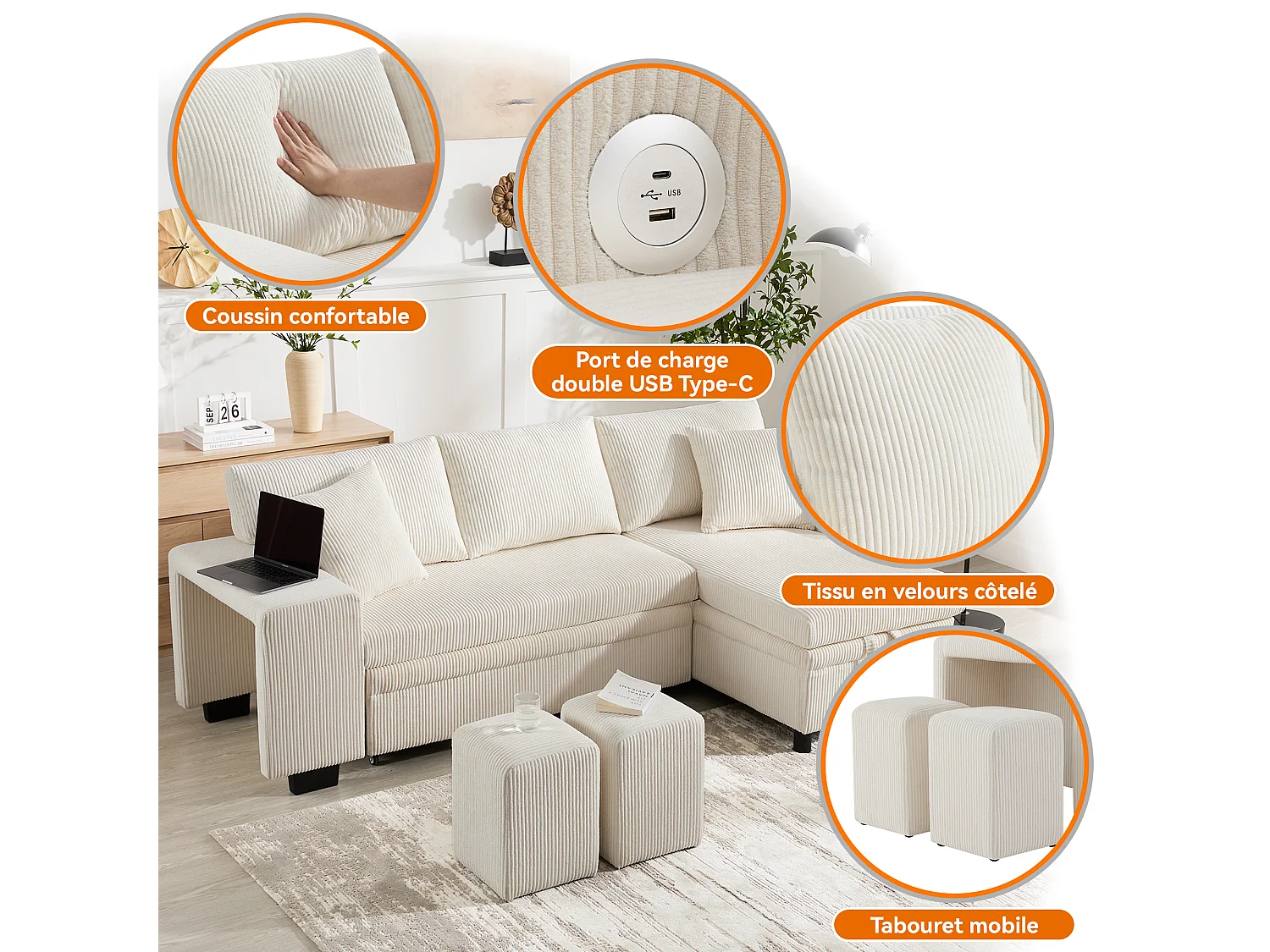 Canapé d’angle réversible convertible 3-4 places 231 cm en velours côtelé beige - coffre et USB/USB-C