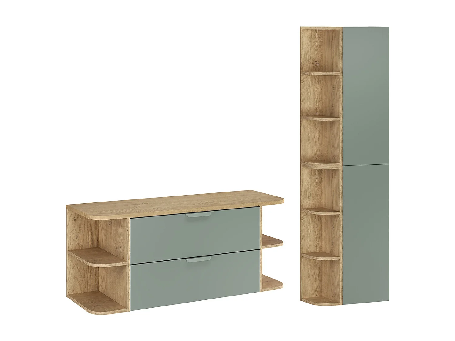 Ensemble meuble sous-vasque 120cm niches arrondies et colonne Oria Vert mat
