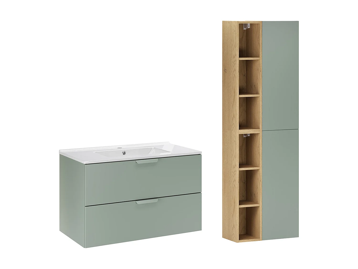 Ensemble meuble simple vasque encastrée 80cm et colonne Oria Vert mat