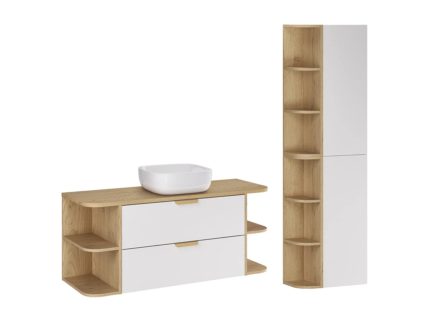 Set aus Einzelwaschtisch 120cm mit abgerundeten Nischen und Säule Oria Weiß matt