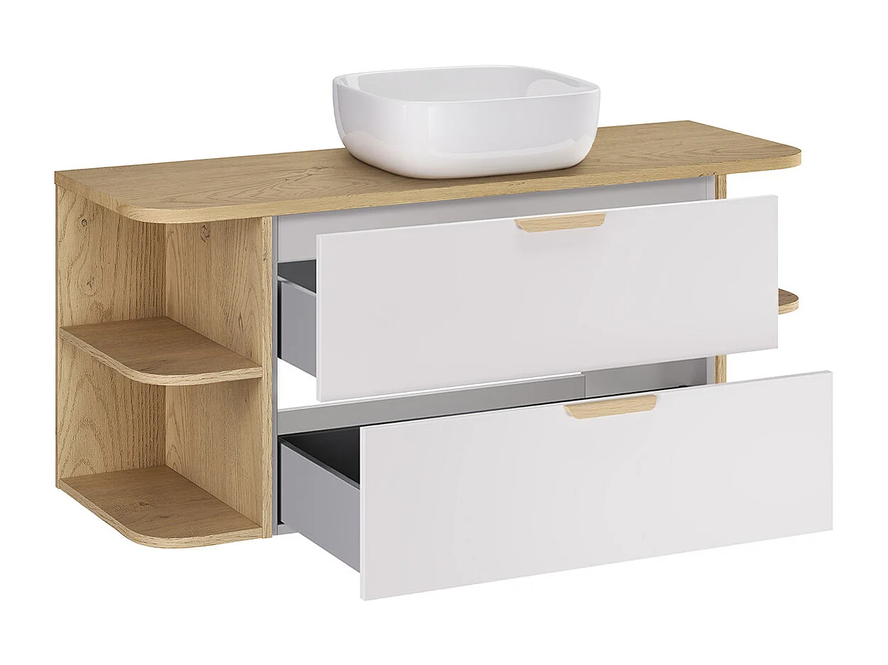 Set aus Einzelwaschtisch 120cm mit abgerundeten Nischen und Säule Oria Weiß matt