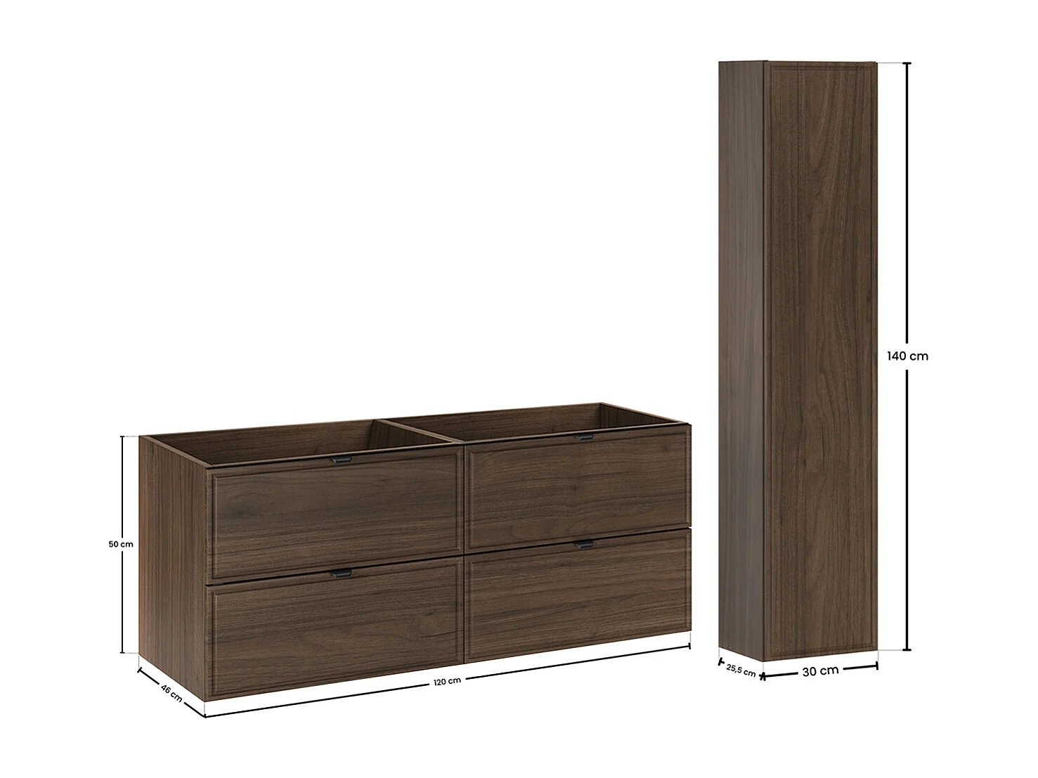 Ensemble meuble double vasque encastrée 120cm et colonne Elias Bois foncé