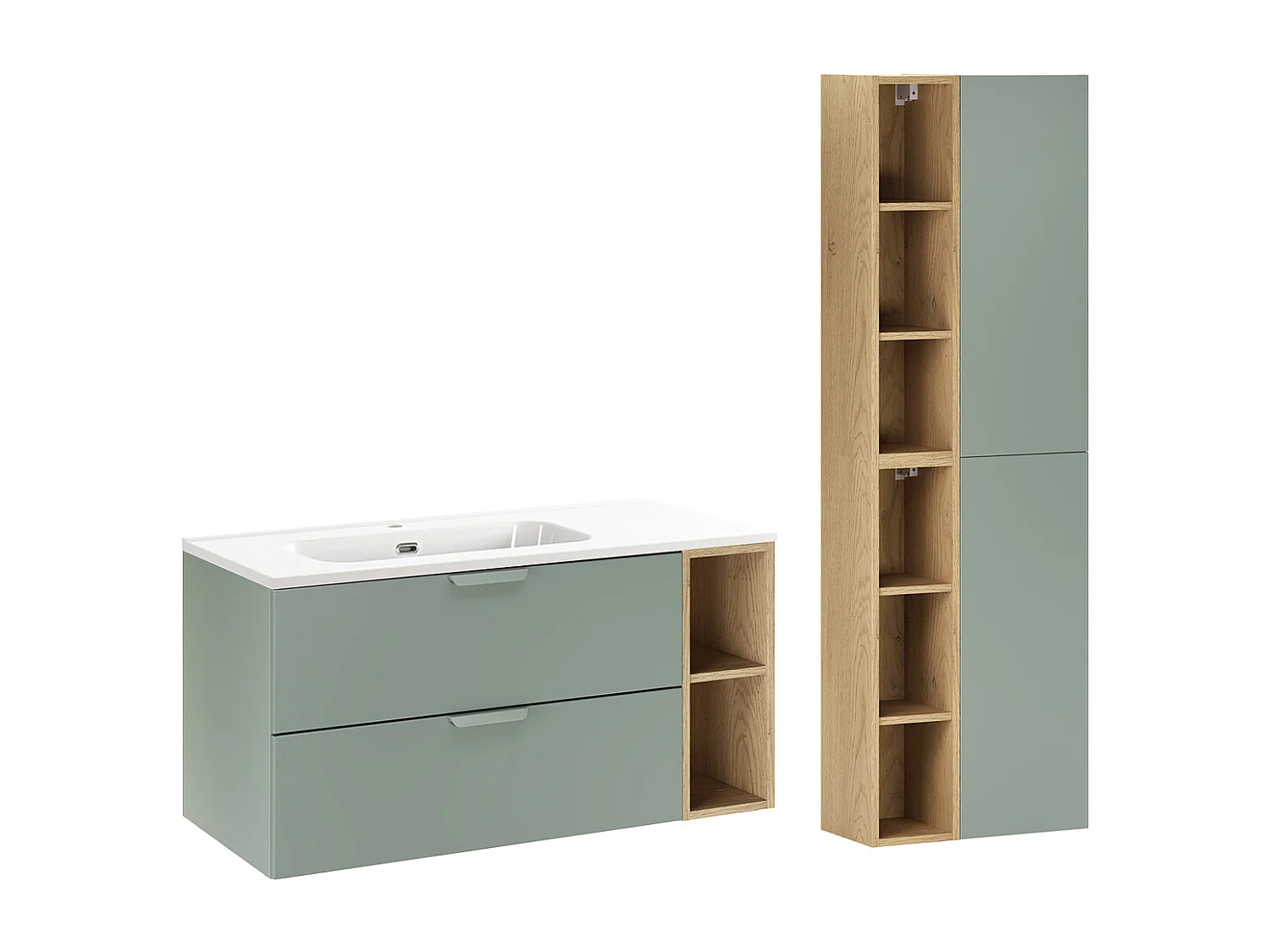 Ensemble meuble simple vasque encastrée gauche 100cm et colonne Oria Vert mat