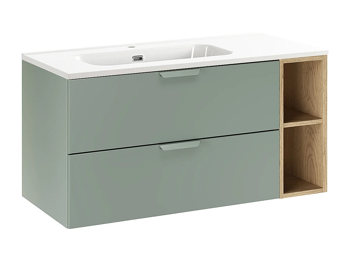 Ensemble meuble simple vasque encastrée gauche 100cm et colonne Oria Vert mat