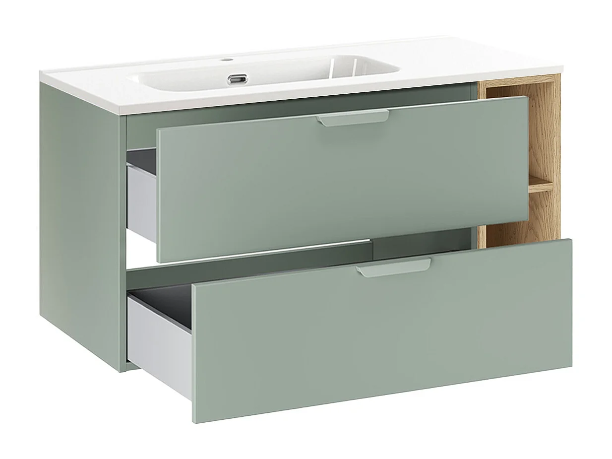 Ensemble meuble simple vasque encastrée gauche 100cm et colonne Oria Vert mat