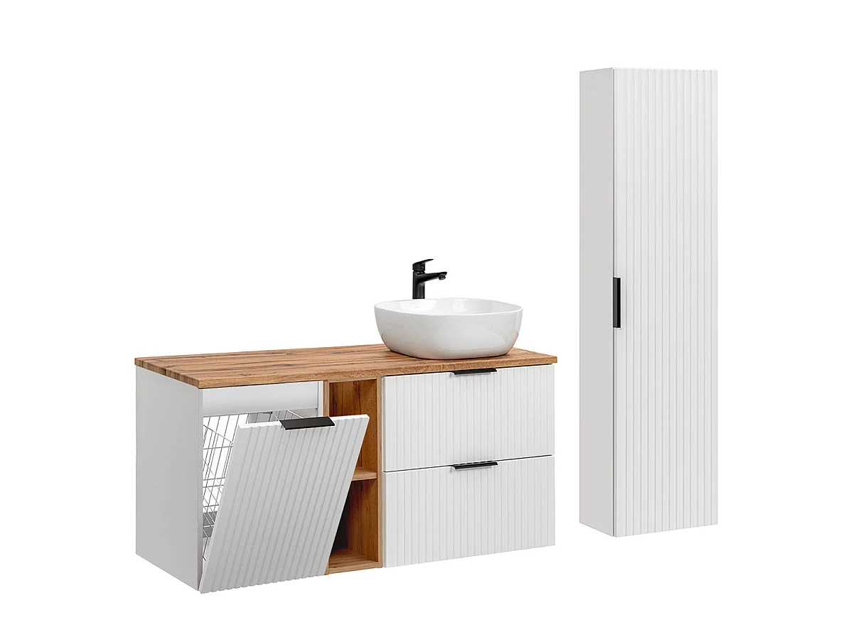 Mobiletto singolo da 120 cm con 2 nicchie, cesto portabiancheria e piedistallo Adriel White
