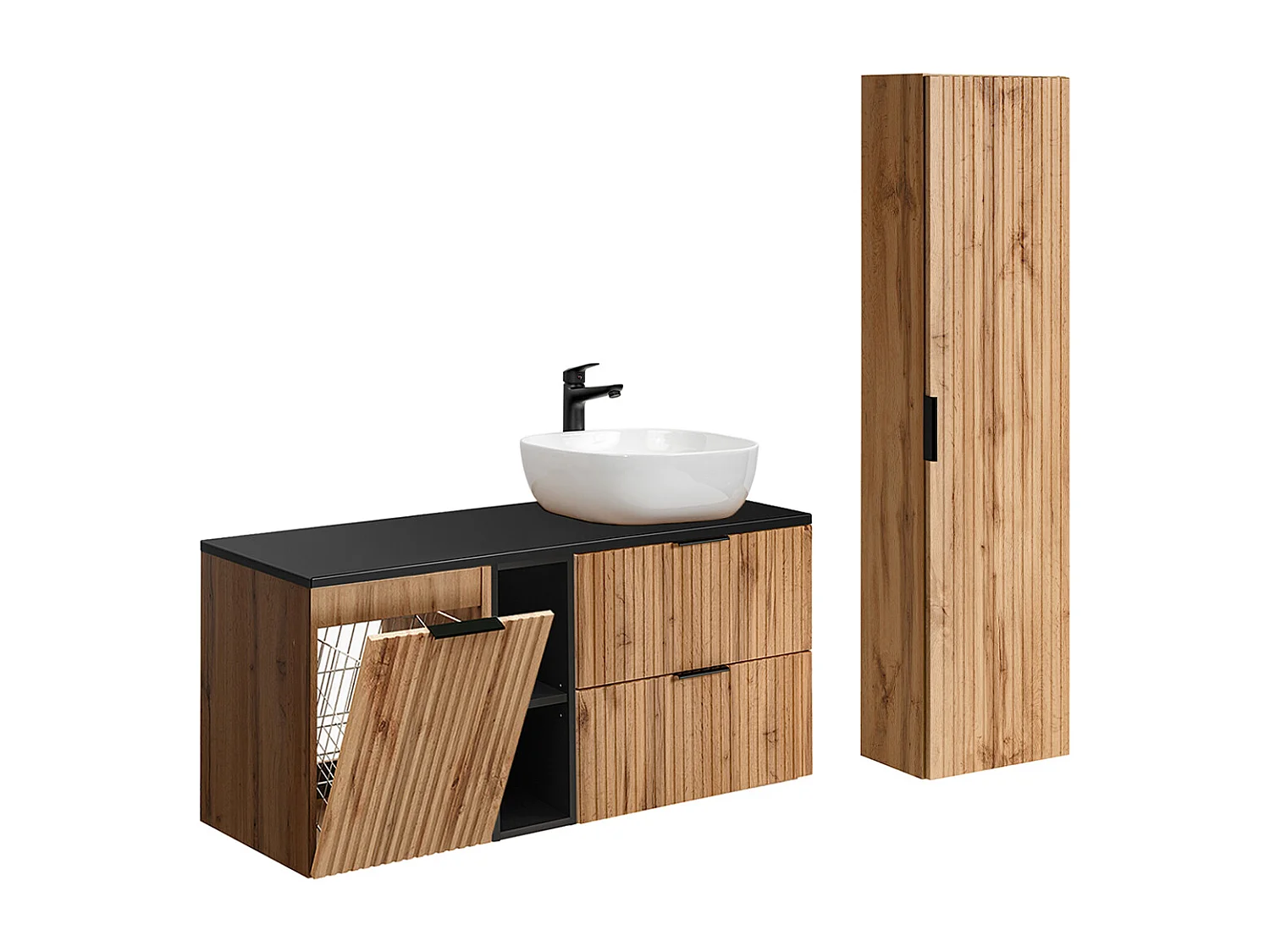 Ensemble meuble simple vasque 120cm 2 niches panier à linge et colonne Adriel Bois et Noir