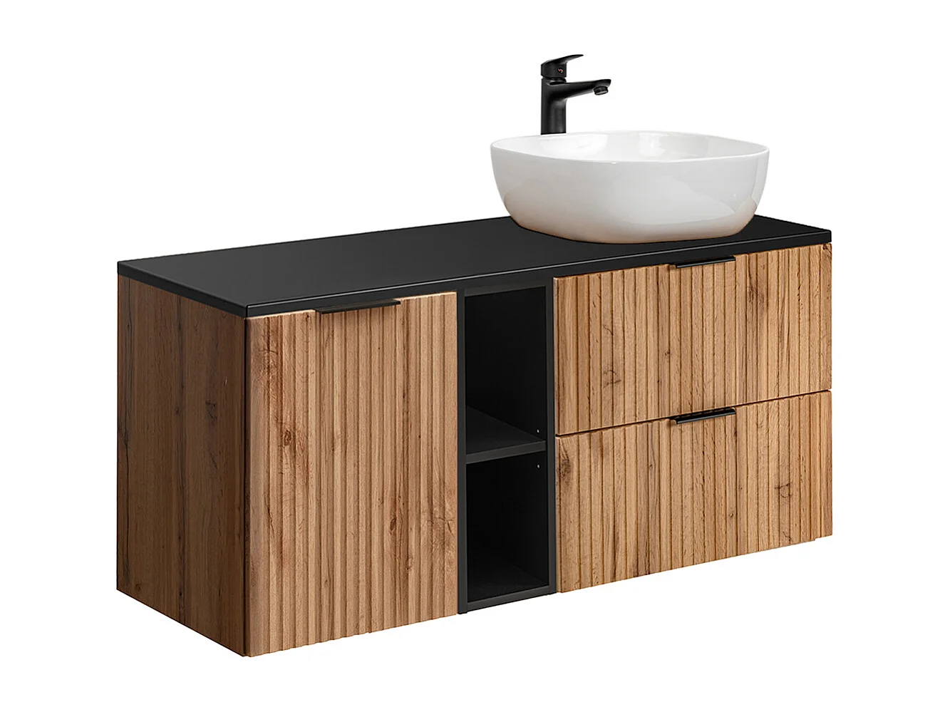 Ensemble meuble simple vasque 120cm 2 niches panier à linge et colonne Adriel Bois et Noir