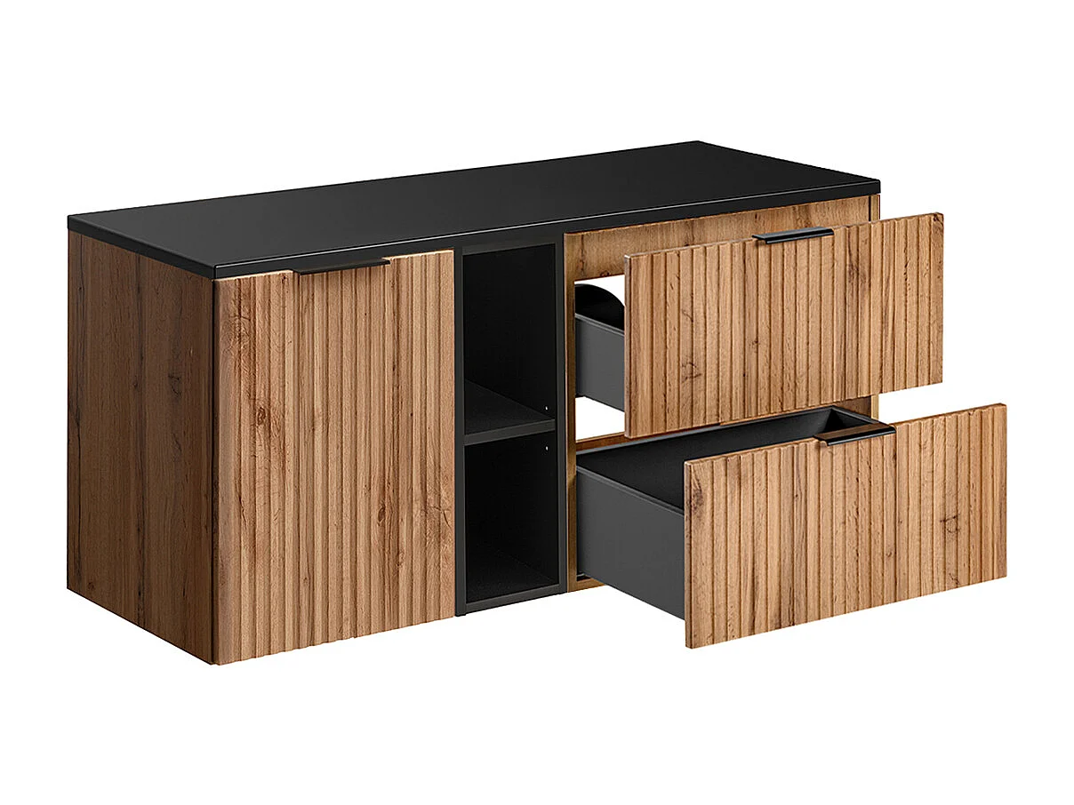 Ensemble meuble simple vasque 120cm 2 niches panier à linge et colonne Adriel Bois et Noir