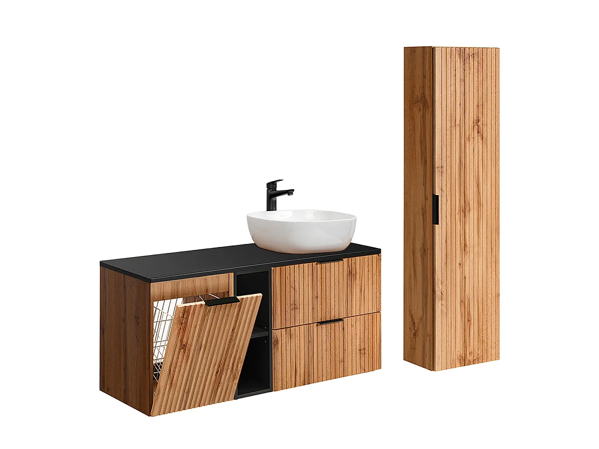 Ensemble meuble simple vasque 120cm 2 niches panier à linge et colonne Adriel Bois et Noir