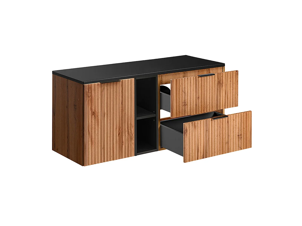 Ensemble meuble simple vasque 120cm 2 niches panier à linge et colonne Adriel Bois et Noir