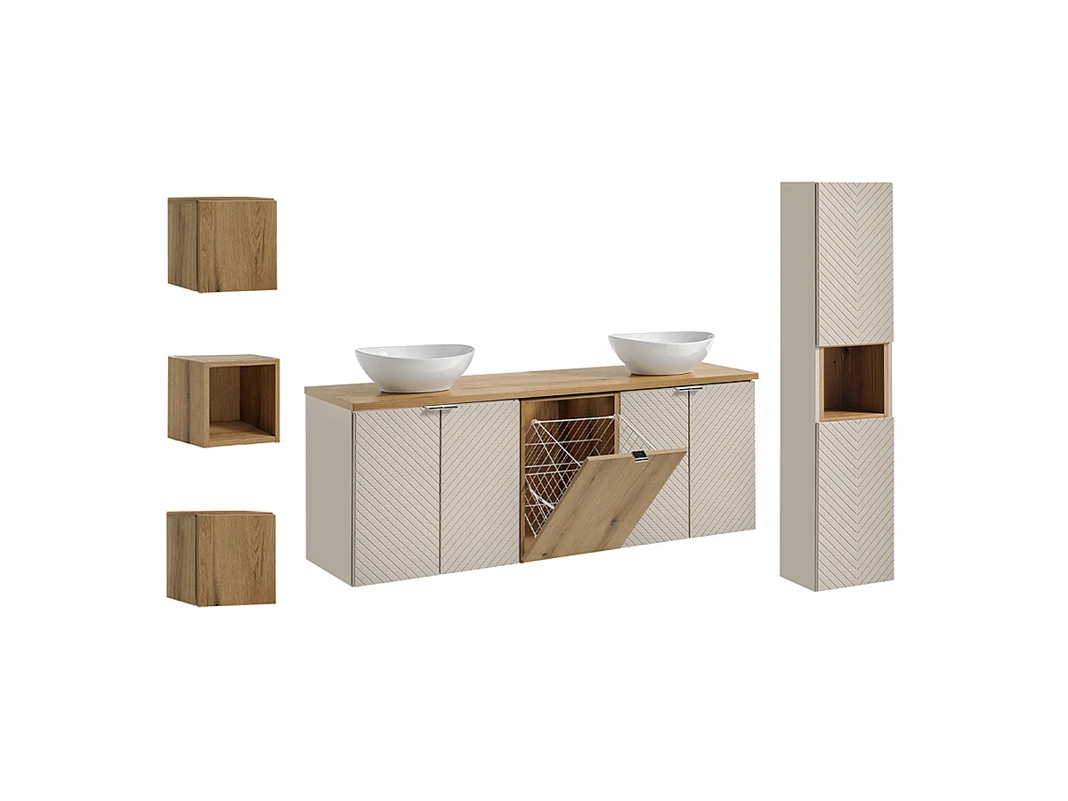 Manoa Cashmere and Wood 160cm 4-door double vanity unit with 3 wall cabinets