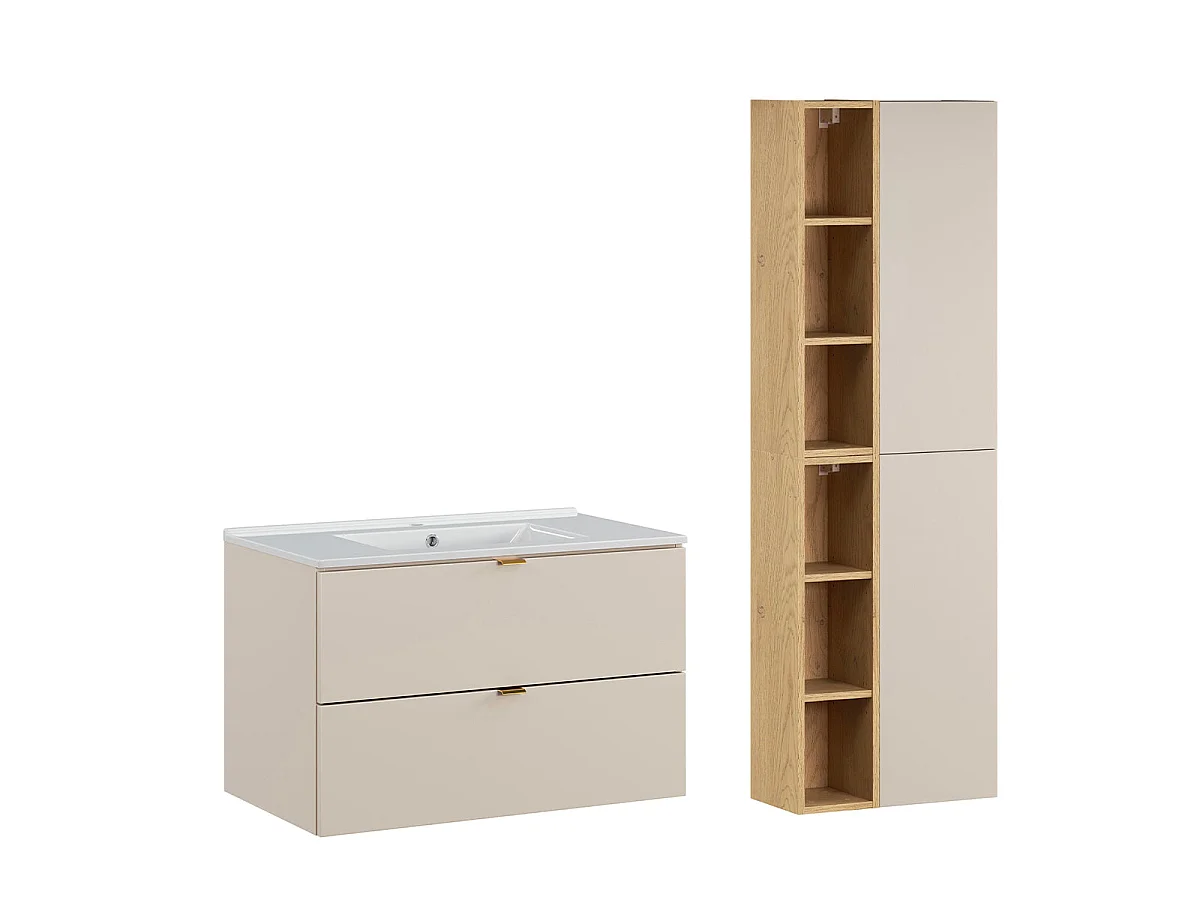 Ensemble meuble simple vasque encastrée 80cm et colonne Azel Cachemire et Bois