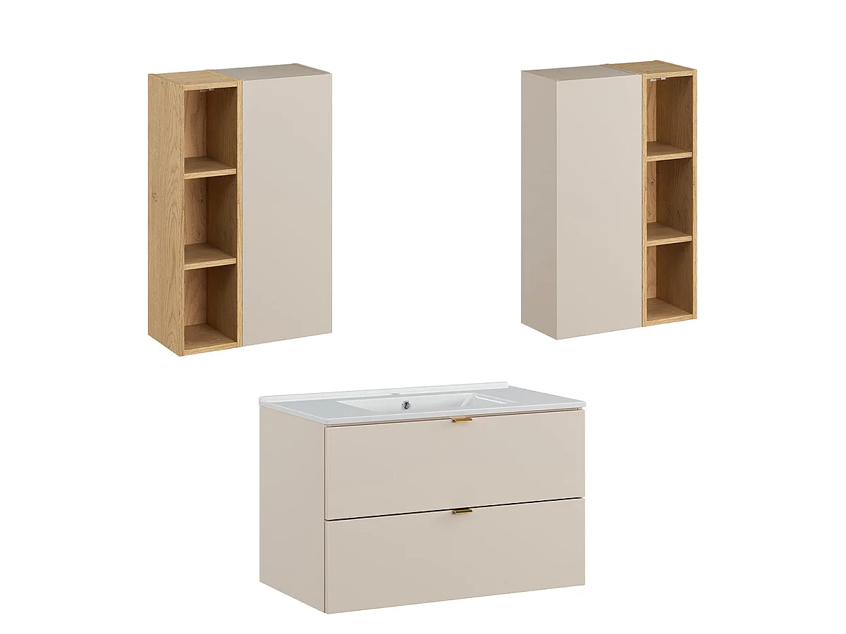 Ensemble meuble simple vasque encastrée 80cm et colonne Azel Cachemire et Bois