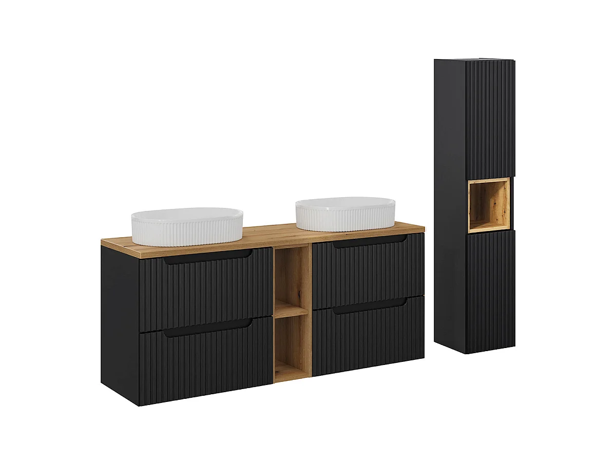 Double basin unit 140cm 4 drawers 2 niches and column Riva Black and Wood