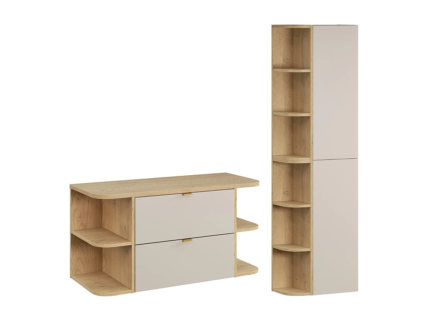 Ensemble meuble sous-vasque 100cm niches arrondies et colonne Azel Cachemire et Bois