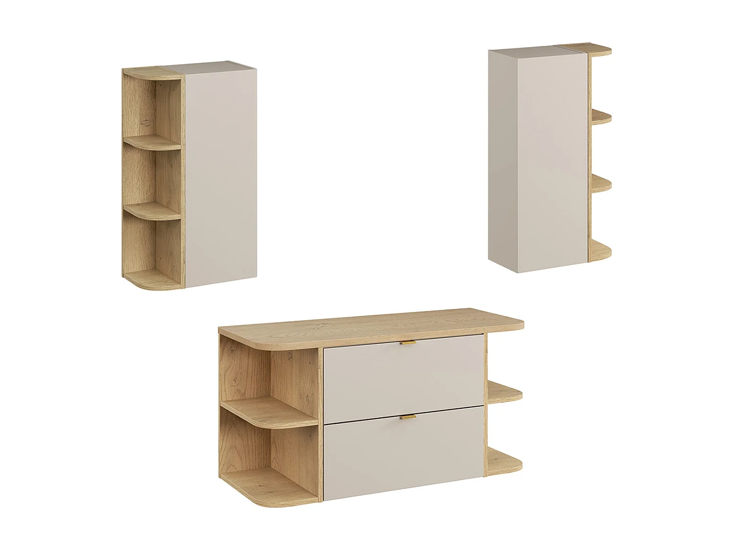 Ensemble meuble sous-vasque 100cm niches arrondies et colonne Azel Cachemire et Bois