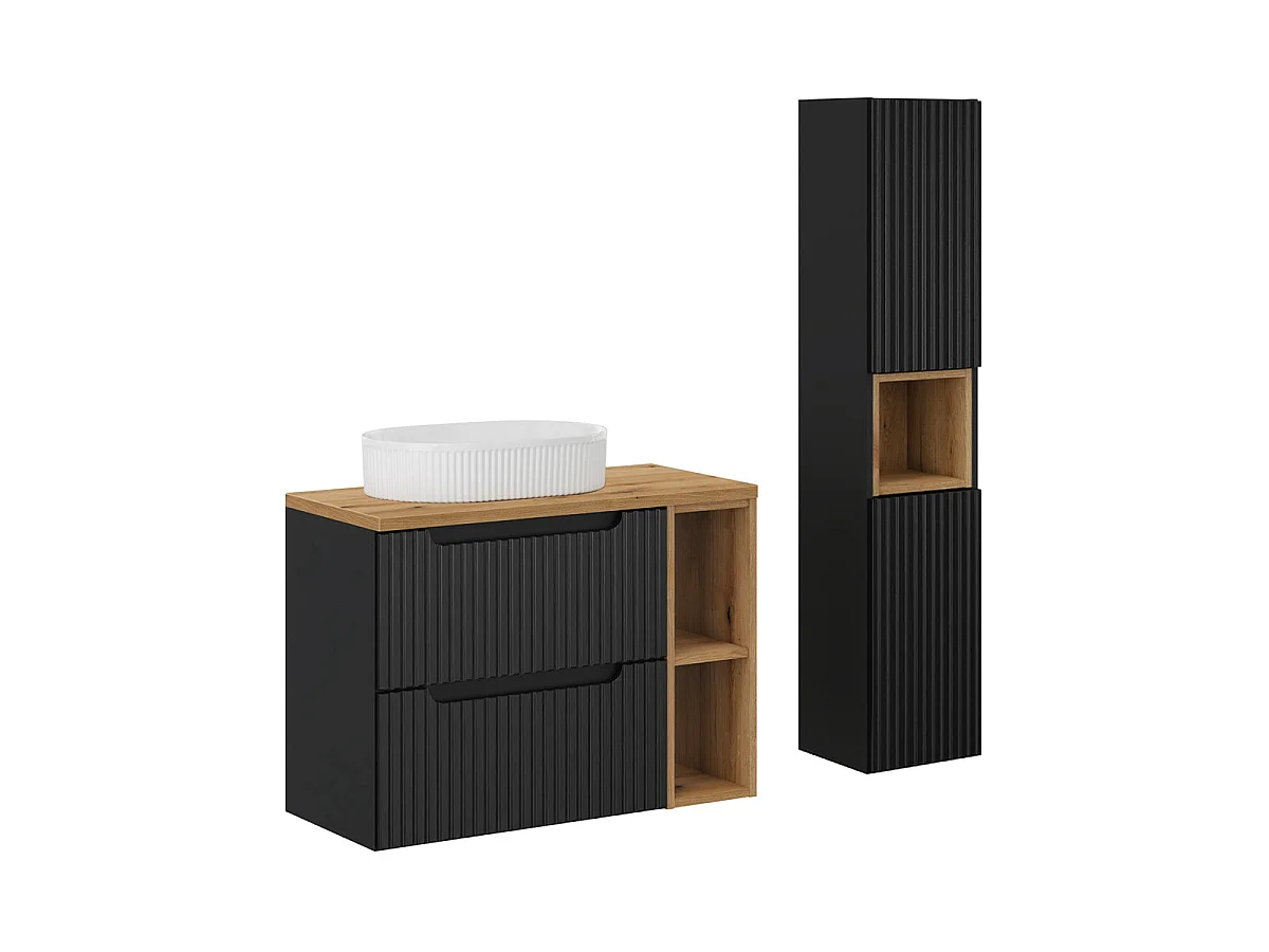 Single basin unit 80cm 2 drawers 2 niches and column Riva Black and Wood