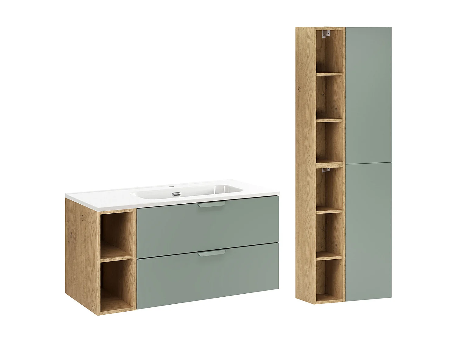 Ensemble meuble simple vasque encastrée droite 100cm et colonne Oria Vert mat