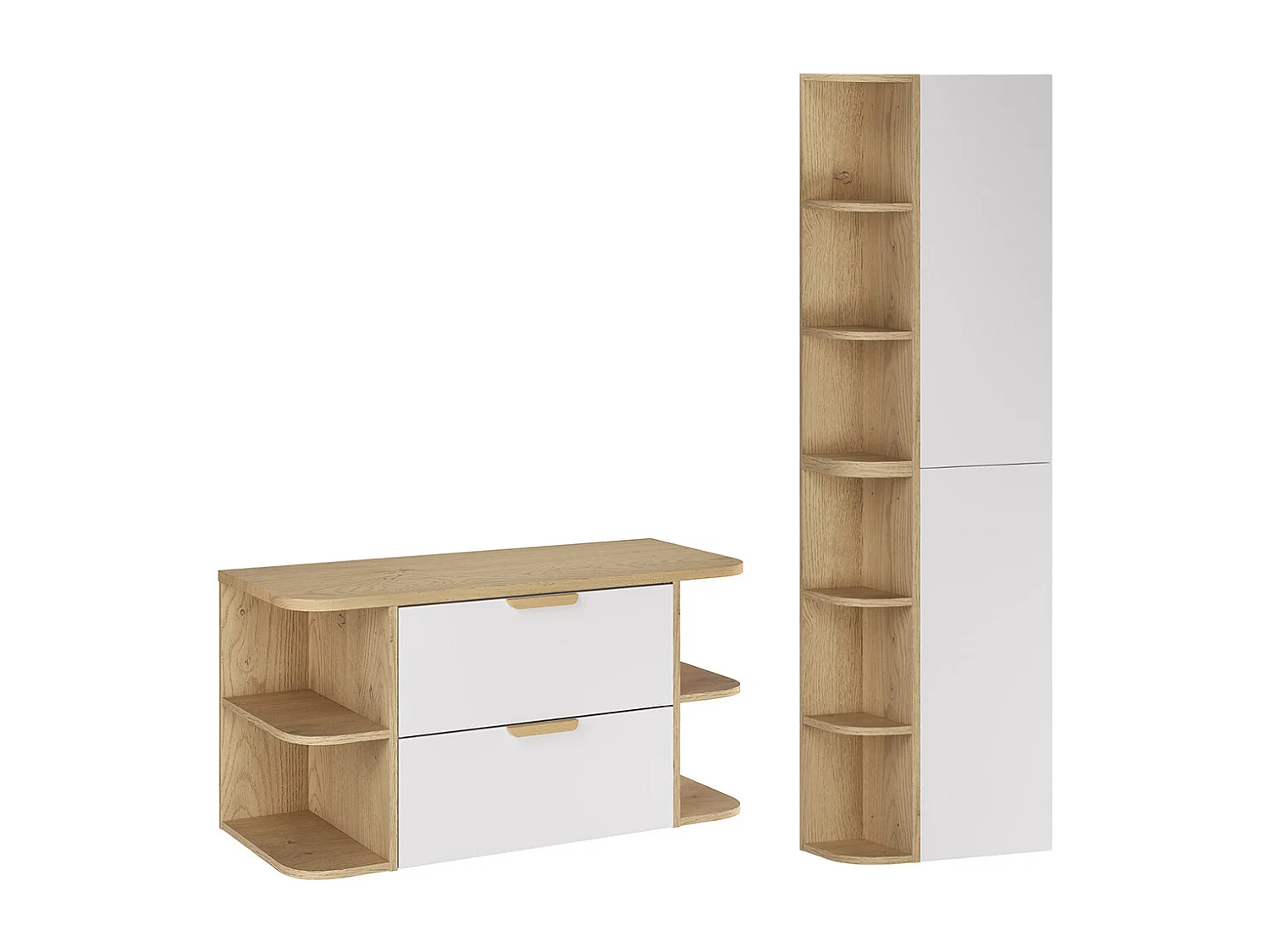 Set Waschtischunterschrank 100cm mit abgerundeten Nischen und Säule Oria Mattweiß