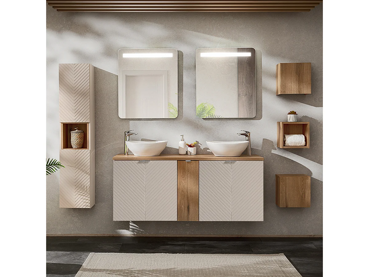 Ensemble meuble double vasque 140cm 5 portes colonne et 3 armoires murales Manoa Cachemire et Bois
