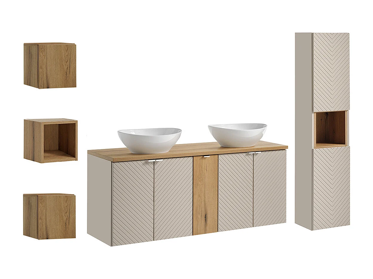 Ensemble meuble double vasque 140cm 5 portes colonne et 3 armoires murales Manoa Cachemire et Bois