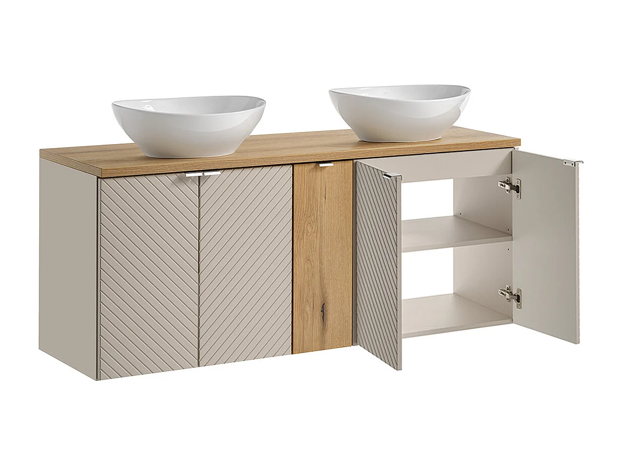 Ensemble meuble double vasque 140cm 5 portes colonne et 3 armoires murales Manoa Cachemire et Bois
