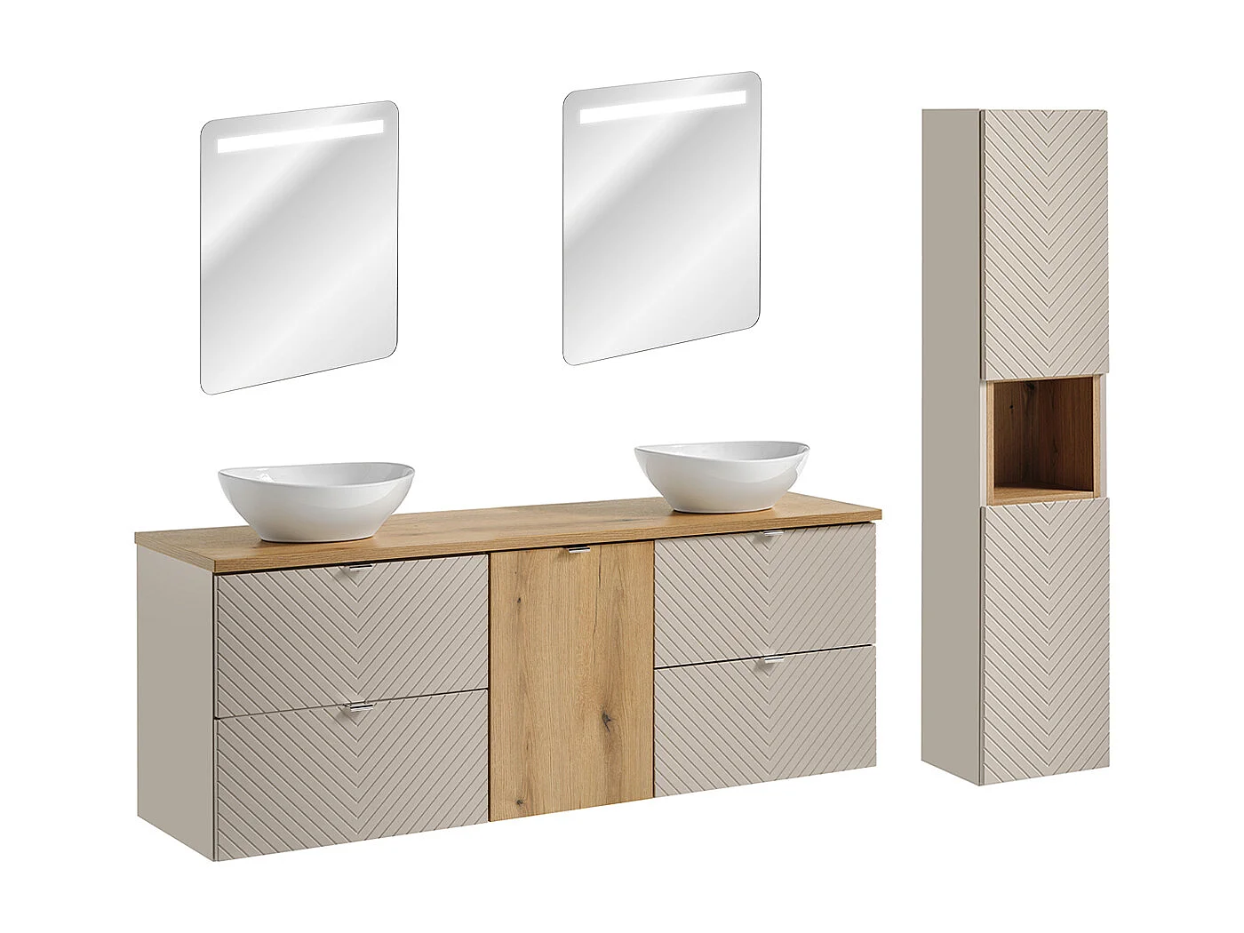 Mobiletto doppio 160 cm con specchi LED e set di colonne Manoa cashmere e legno