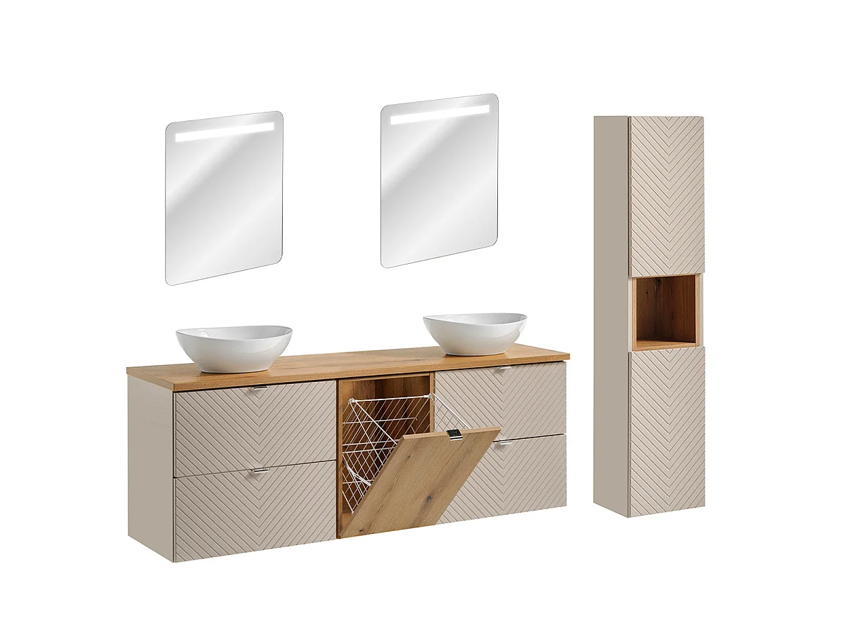 Ensemble meuble double vasque 160cm 4 tiroirs panier à linge miroirs LED et colonne Manoa Cachemire et Bois
