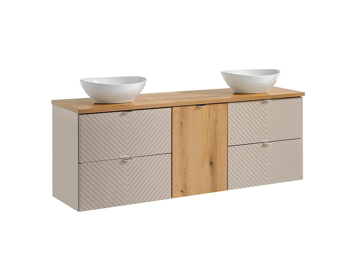 Ensemble meuble double vasque 160cm 4 tiroirs panier à linge miroirs LED et colonne Manoa Cachemire et Bois