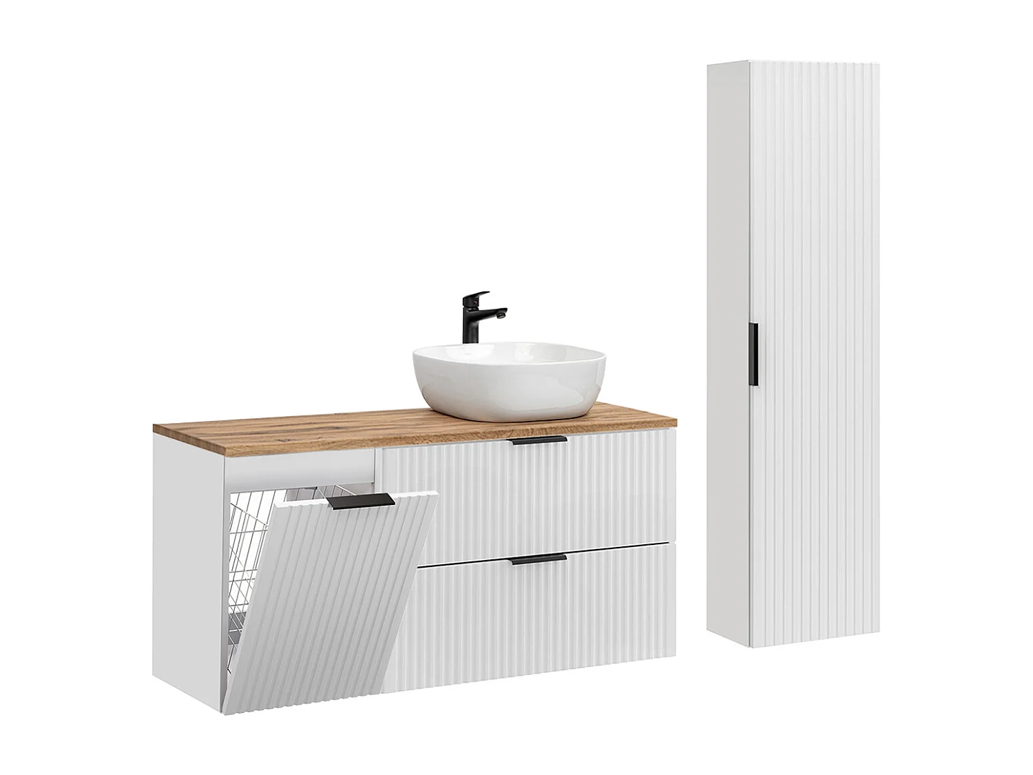 Ensemble meuble simple vasque 120cm panier à linge et colonne Adriel Blanc
