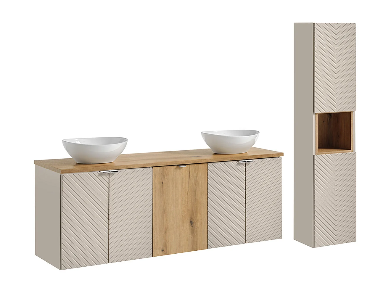 Ensemble meuble double vasque 160cm 4 portes panier à linge et colonne Manoa Cachemire et Bois