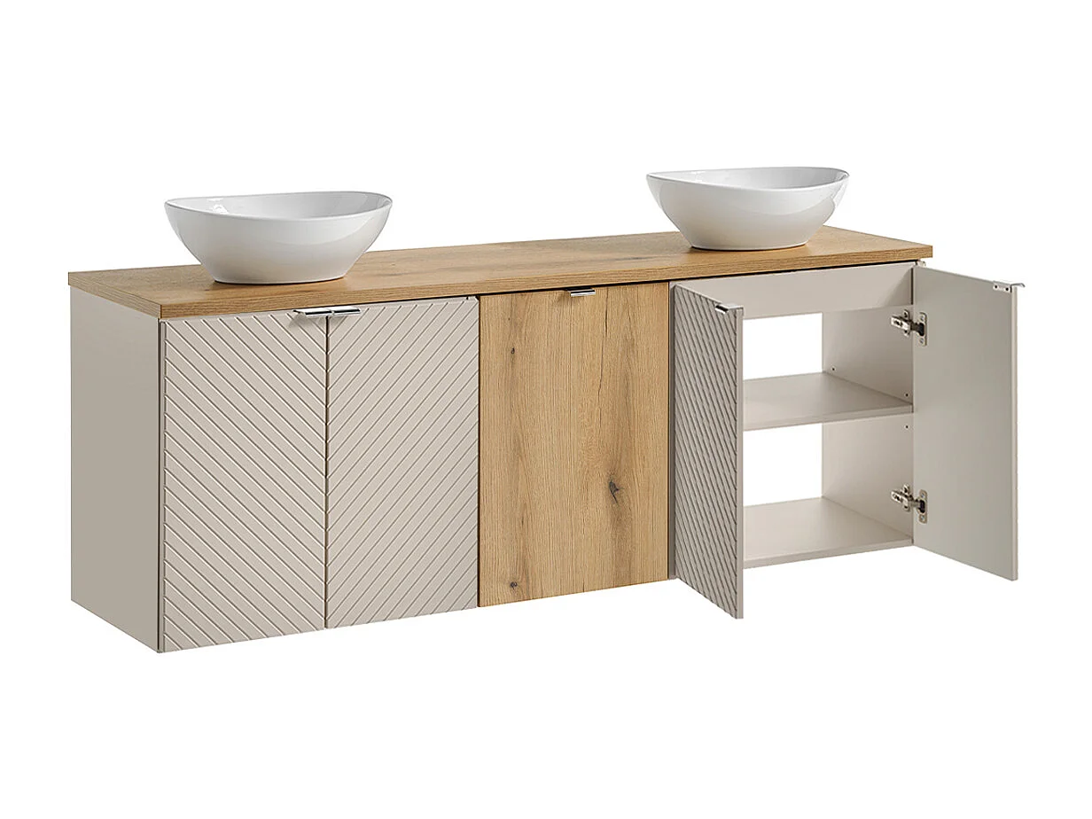 Ensemble meuble double vasque 160cm 4 portes panier à linge et colonne Manoa Cachemire et Bois