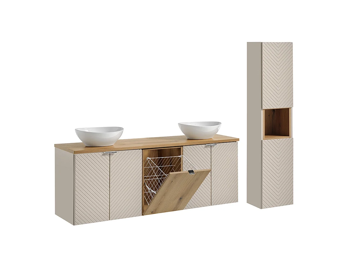Mobile lavabo doppio Manoa Cachemire e Legno 160 cm a 4 ante con cestello portabiancheria e piedistallo