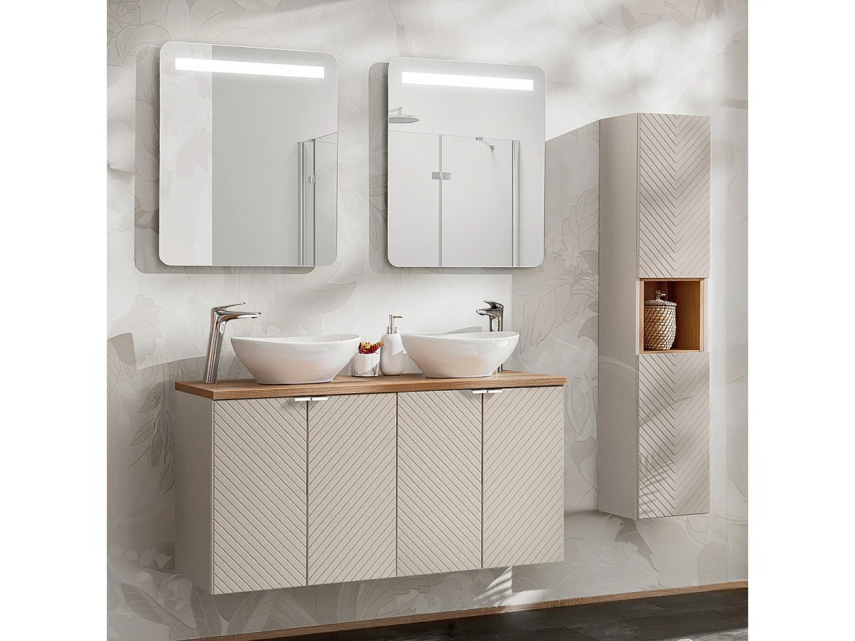 Set di lavabo doppio da 120 cm con 4 ante a specchio LED e colonna Manoa Cachemire e Wood