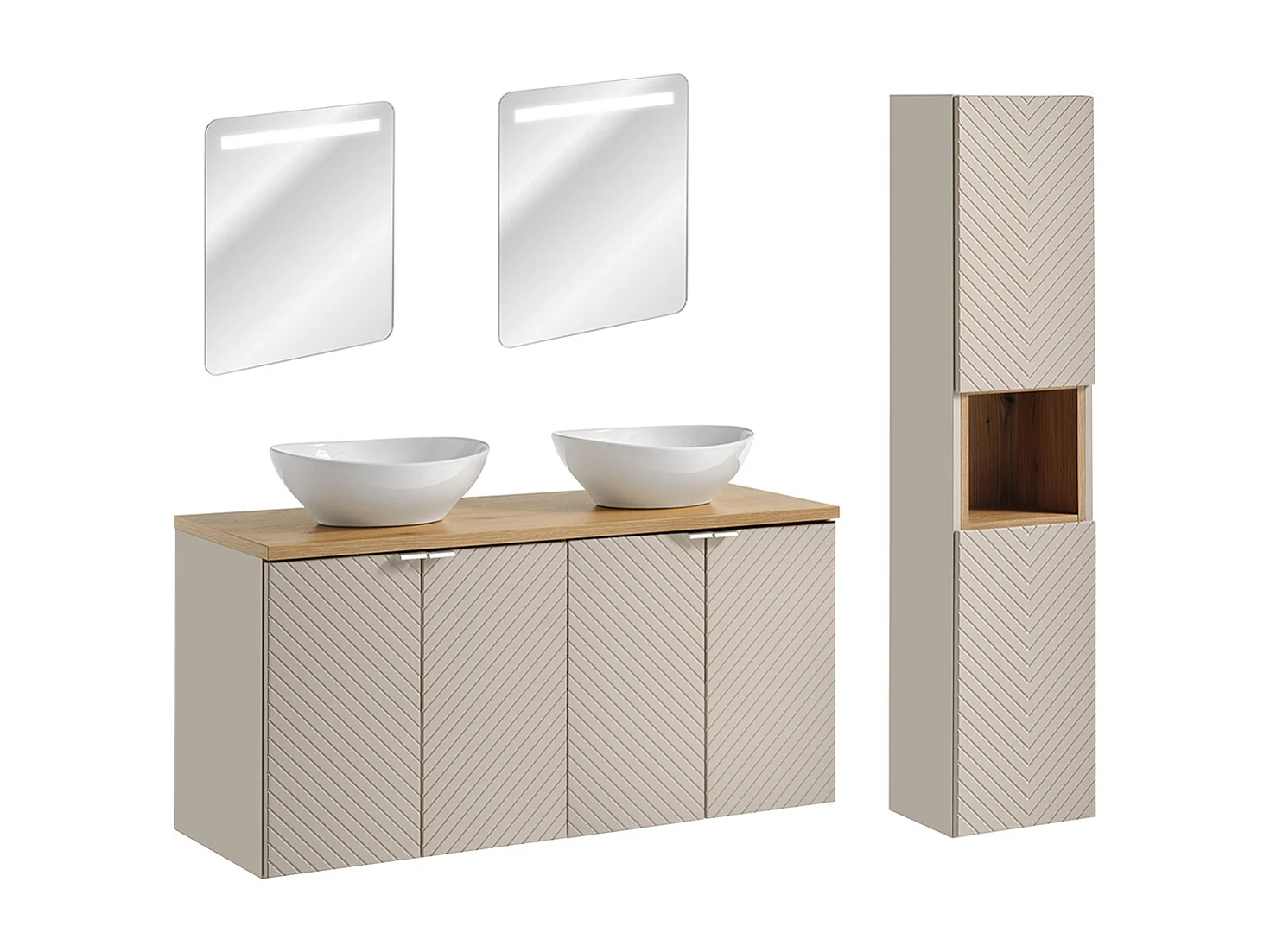 Set di lavabo doppio da 120 cm con 4 ante a specchio LED e colonna Manoa Cachemire e Wood