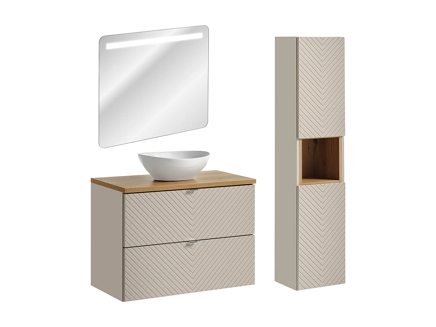 Mobiletto singolo 80 cm con specchio LED e set di colonne Manoa cashmere e legno