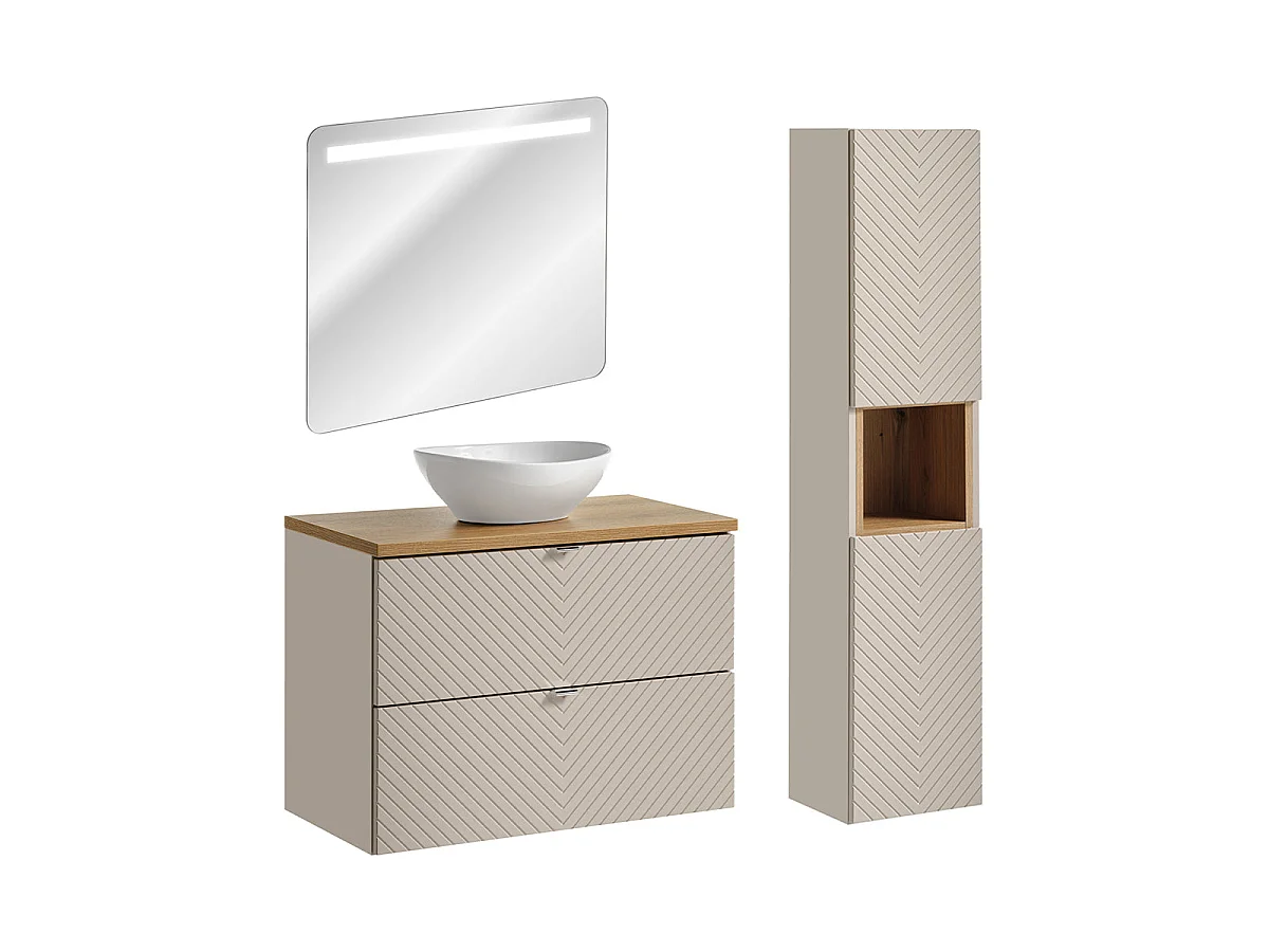 Ensemble meuble simple vasque 80cm 2 tiroirs miroir LED et colonne Manoa Cachemire et Bois