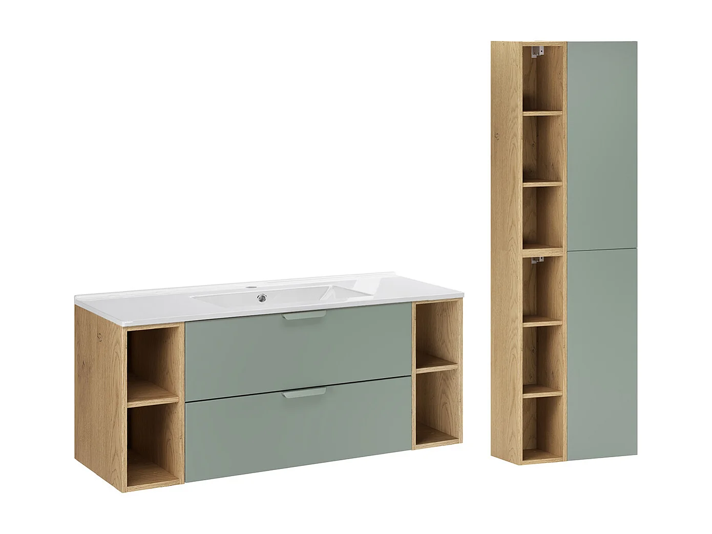 Ensemble meuble simple vasque encastrée 120cm 4 niches et colonne Oria Vert mat