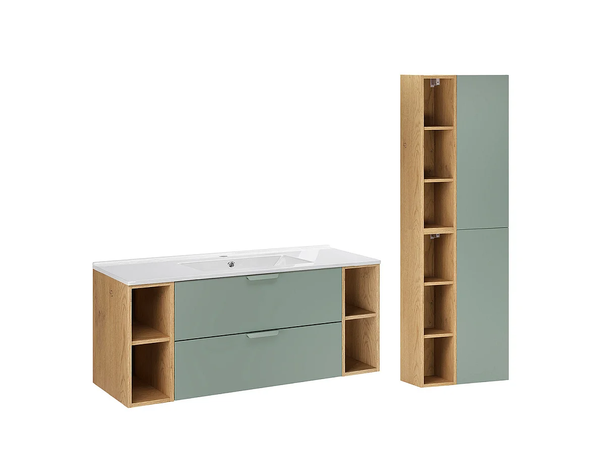 Ensemble meuble simple vasque encastrée 120cm 4 niches et colonne Oria Vert mat