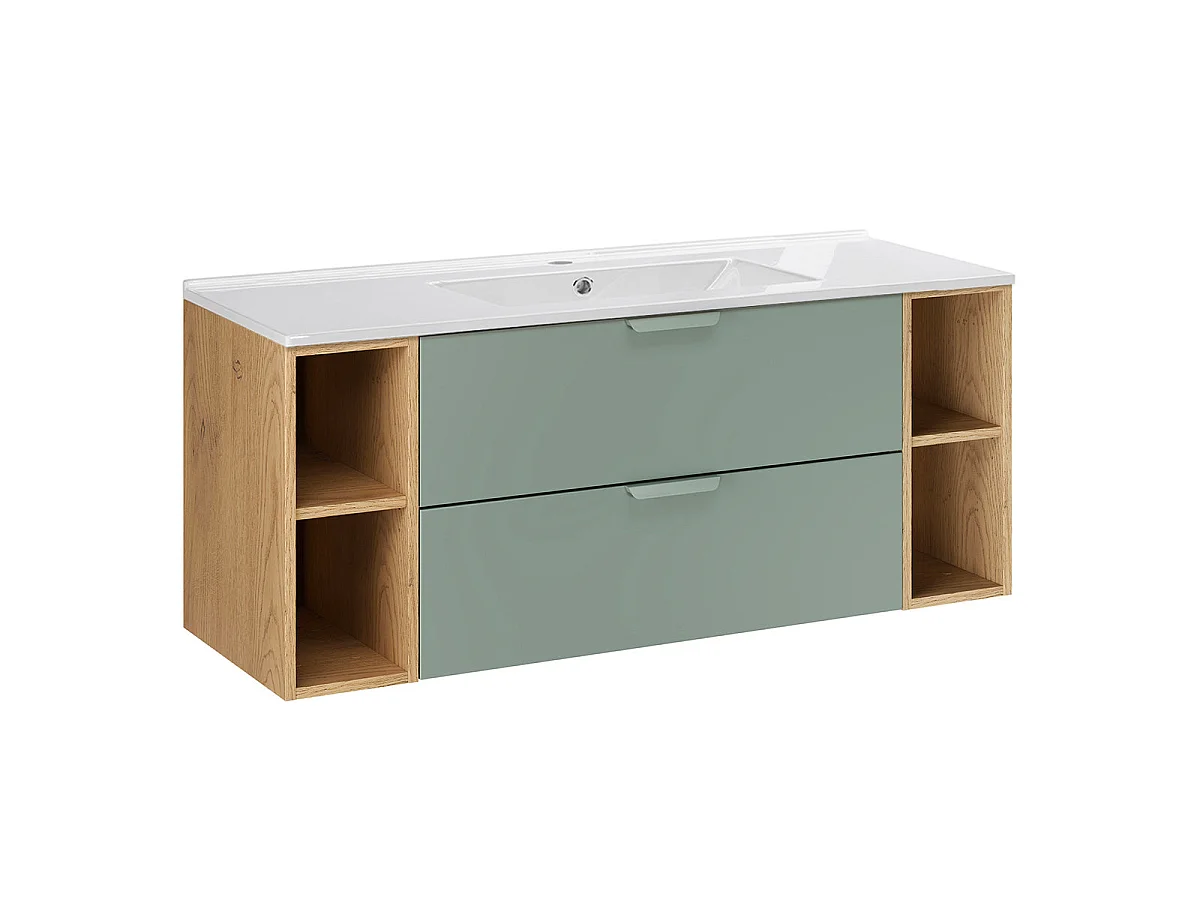 Ensemble meuble simple vasque encastrée 120cm 4 niches et colonne Oria Vert mat