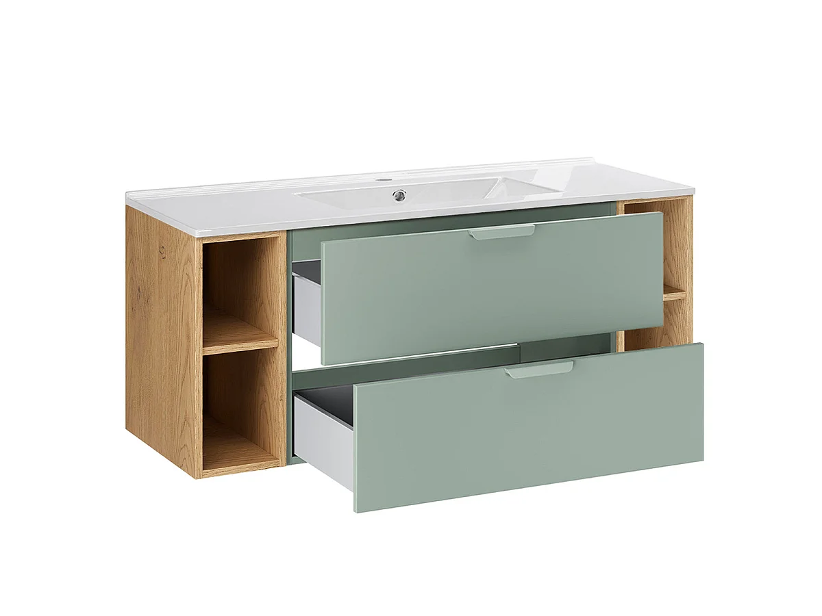 Ensemble meuble simple vasque encastrée 120cm 4 niches et colonne Oria Vert mat