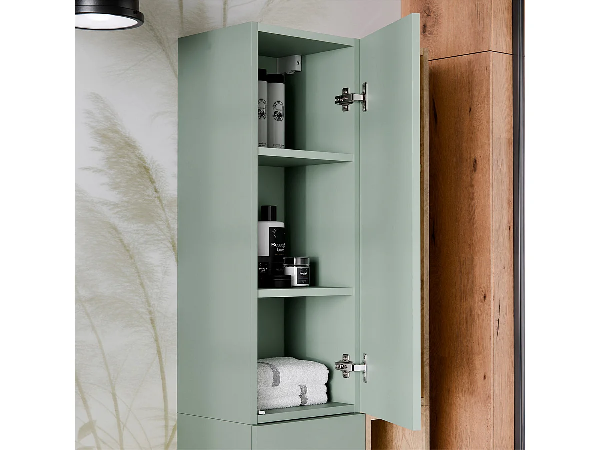 Ensemble meuble simple vasque encastrée 120cm 4 niches et colonne Oria Vert mat