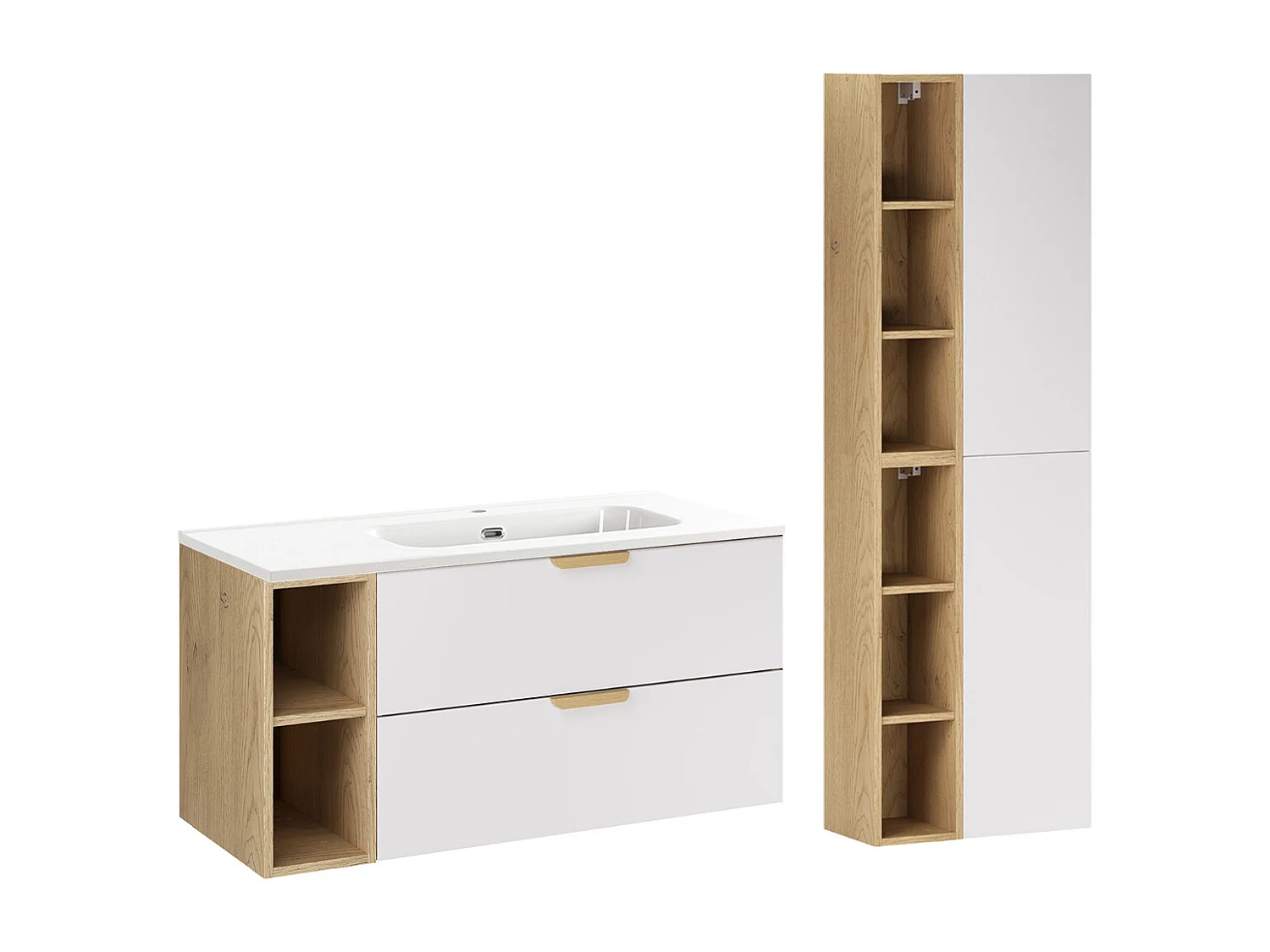 Set aus Einzelmöbel rechtem Einbauwaschbecken 100cm und Säule Oria Mattweiß