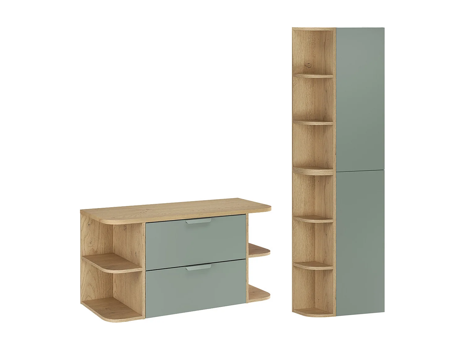 Ensemble meuble sous-vasque 100cm niches arrondies et colonne Oria Vert mat