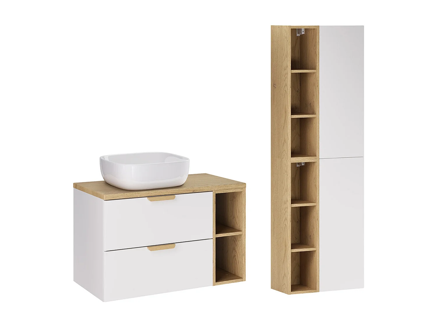 Set aus Einzelwaschtisch 80cm 2 Nischen und Säule Oria Mattweiß